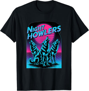 Night Howlers Retro Synthwave Wolf Moon Pack T-Shirt - T-Shirt | Black