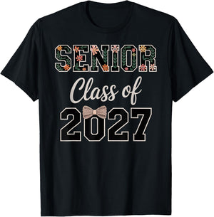 Senior 27 Floral Bow Coquette 2027 Graduation Women Girls T-Shirt - T-Shirt | Black