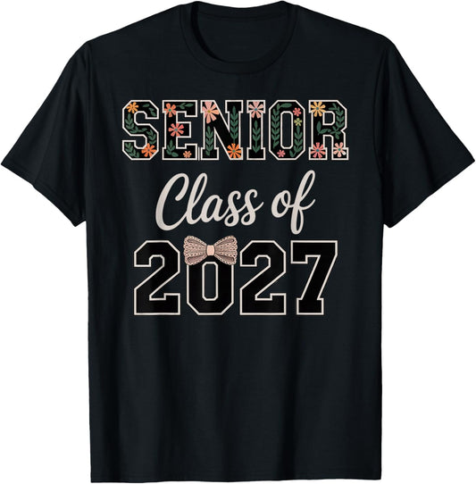 Senior 27 Floral Bow Coquette 2027 Graduation Women Girls T-Shirt - T-Shirt | Black