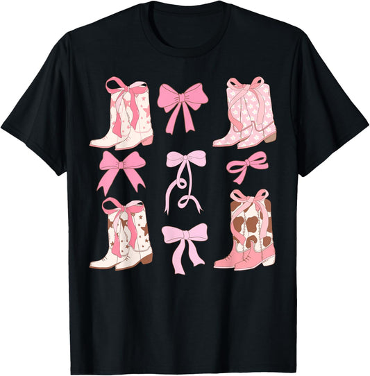 Coquette Cowgirl Boots with Bows Y2K Teen Girls Top T-Shirt - T-Shirt | Black