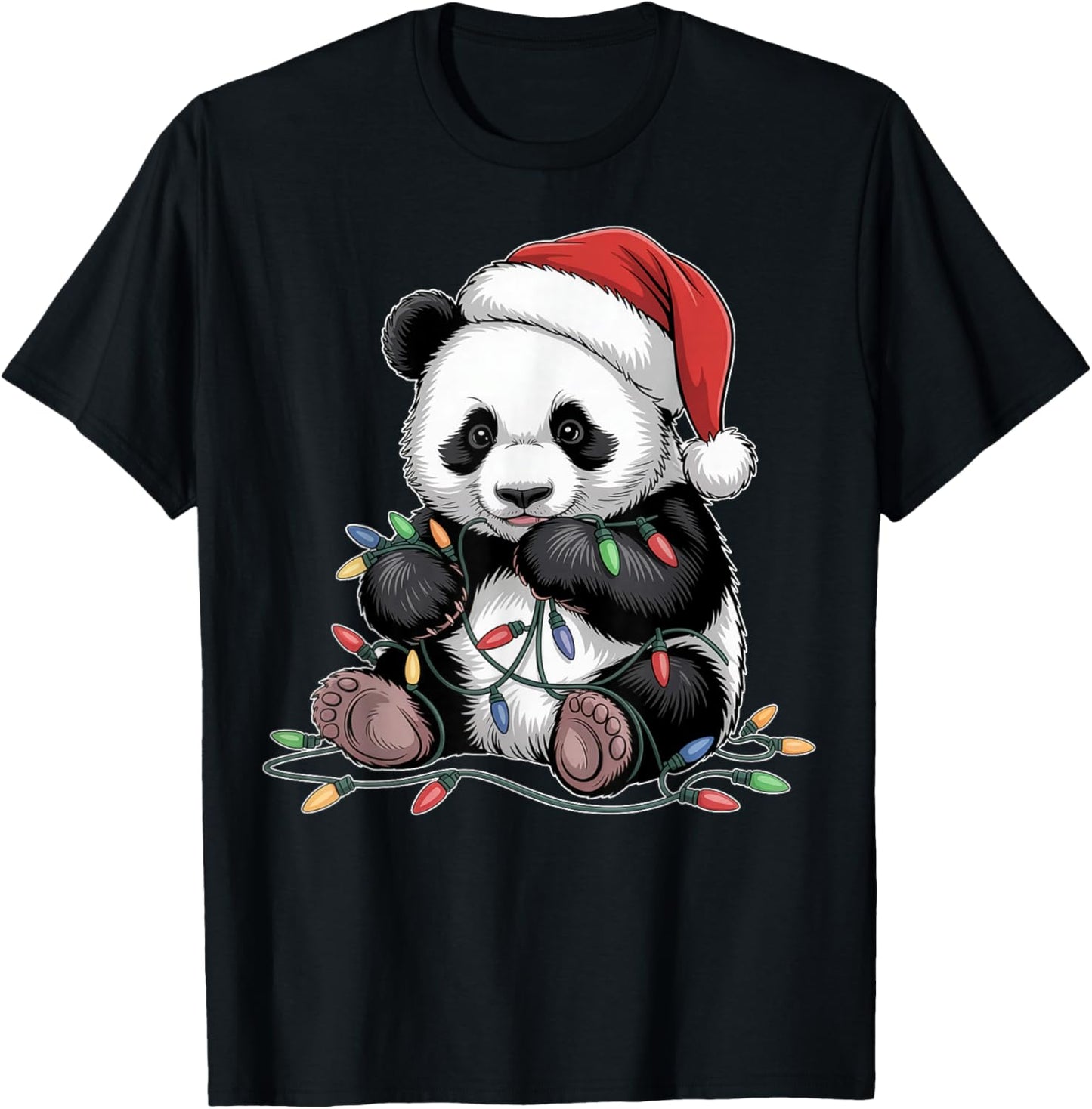 Funny Panda Lights Xmas Graphic Design T-Shirt - T-Shirt | Black