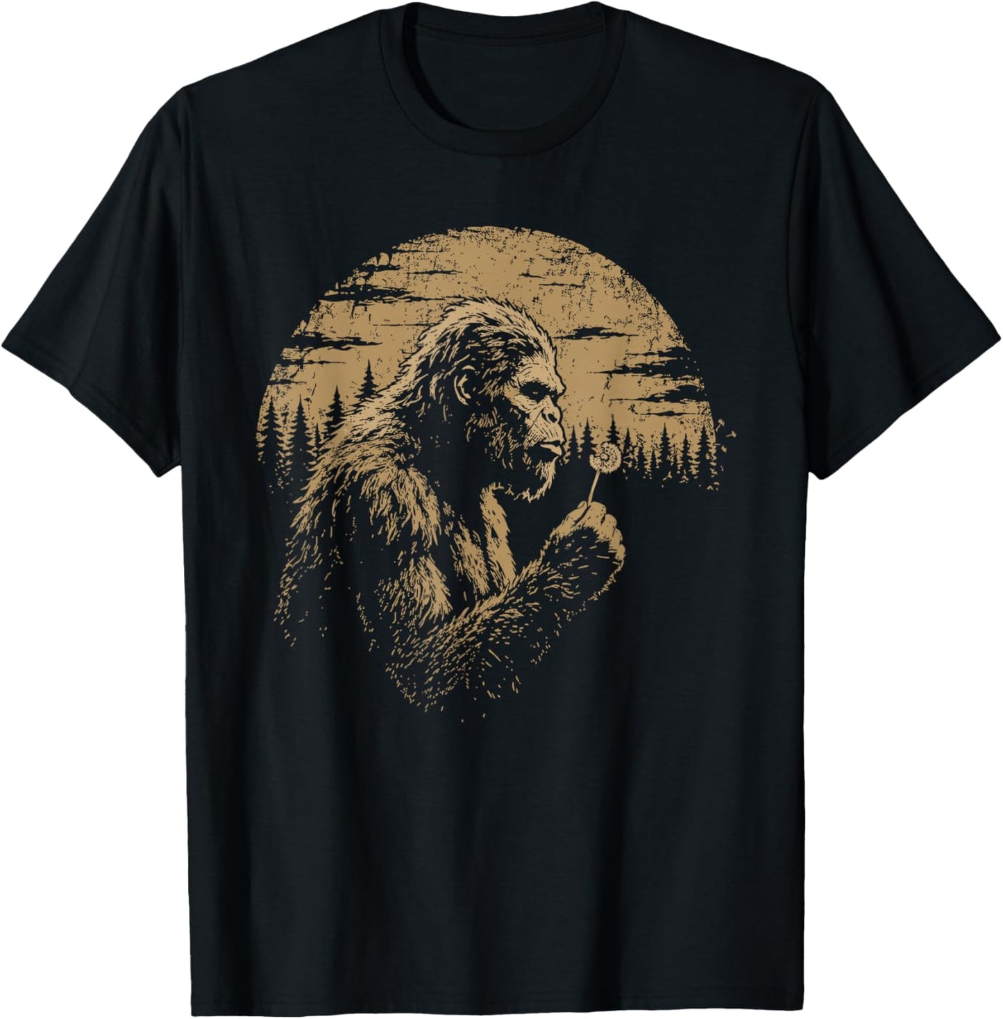 Blowing Wishes Funny Bigfoot Blowing Dandelion Vintage Art T-Shirt - T-Shirt | Black