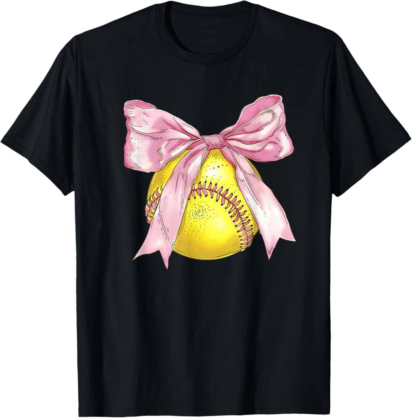 Girls Softball Coquette Bow Ribbon Mom Daughter Softball T-Shirt - T-Shirt | Black