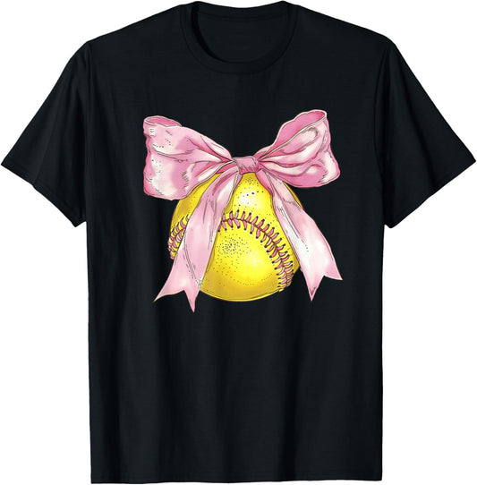 Girls Softball Coquette Bow Ribbon Mom Daughter Softball T-Shirt - T-Shirt | Black