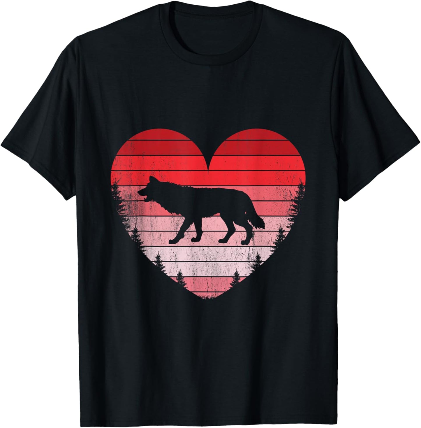 Wolf Heart Love Valentine's Day Vintage Retro Sunset T-Shirt - T-Shirt | Black