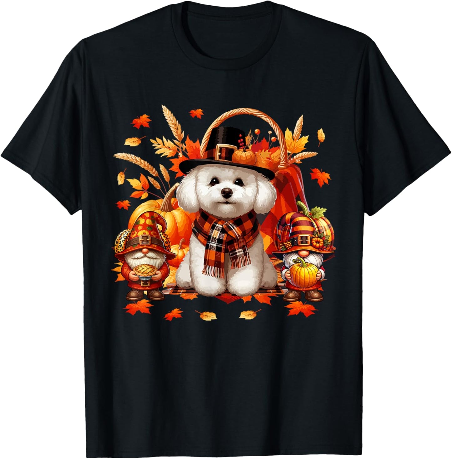 Thanksgiving Bichon Frise With Gnomes Fall Leaves Pumpkins T-Shirt - T-Shirt | Black