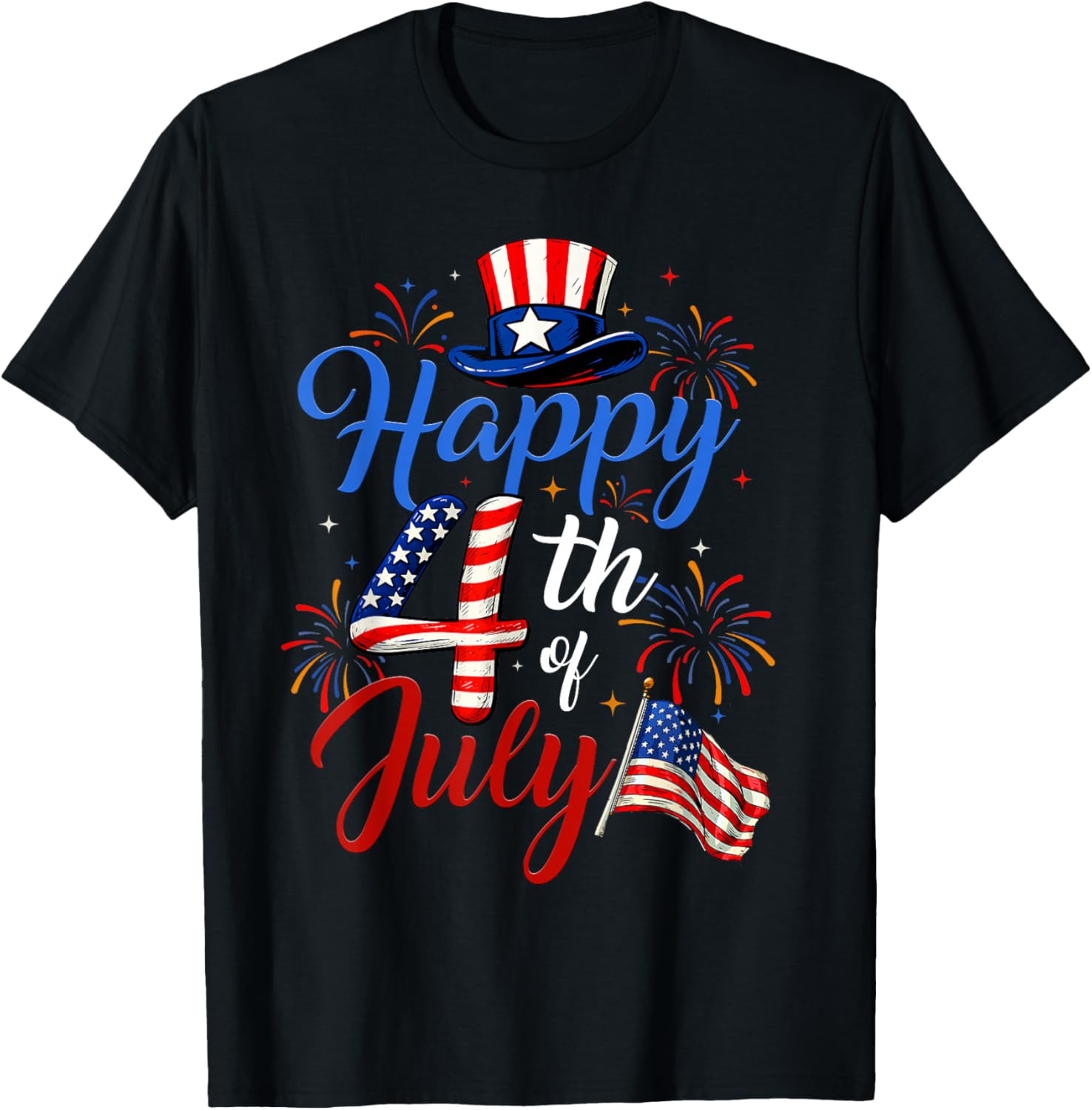Happy 4th of July Shirt Men Women Patriotic American US Flag T-Shirt - T-Shirt | Black