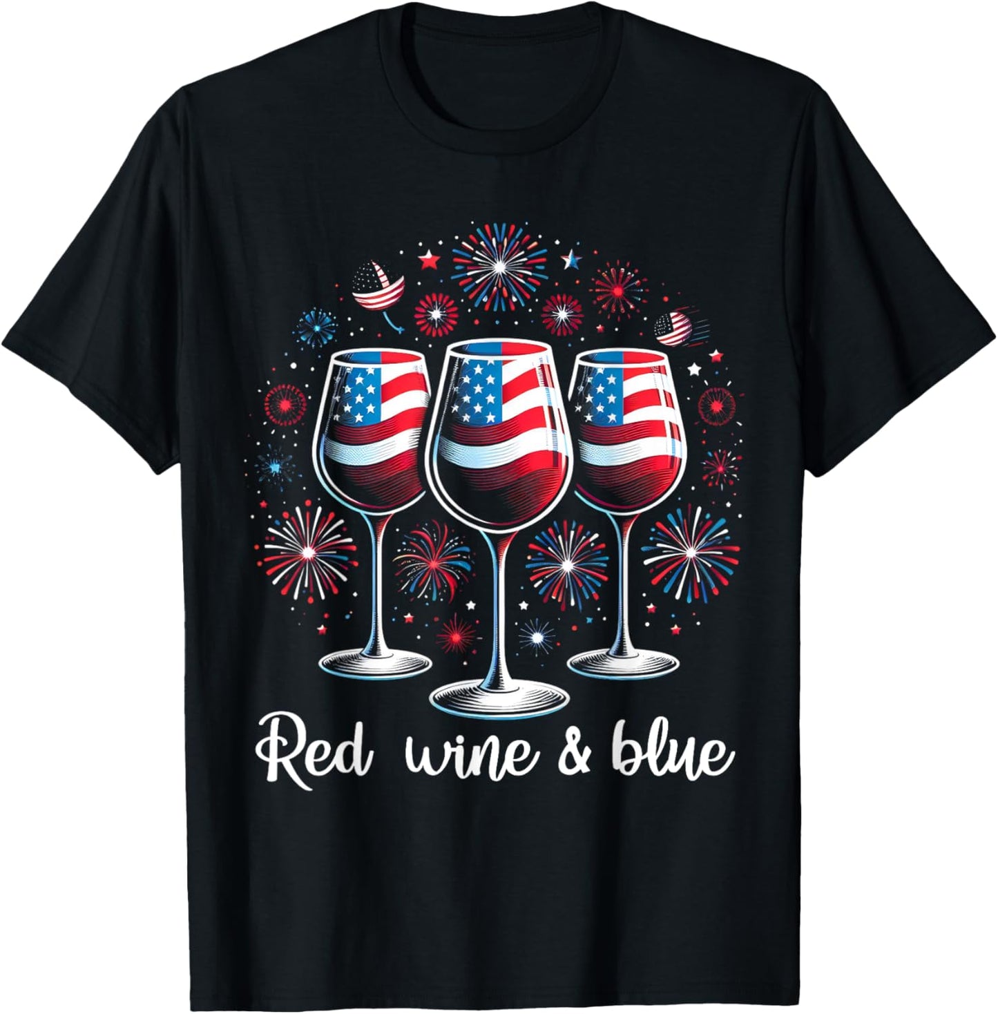 Red Wine & Blue 4th Of July Wine Red White BLue Wine Glasses Men T-Shirt - T-Shirt | Black