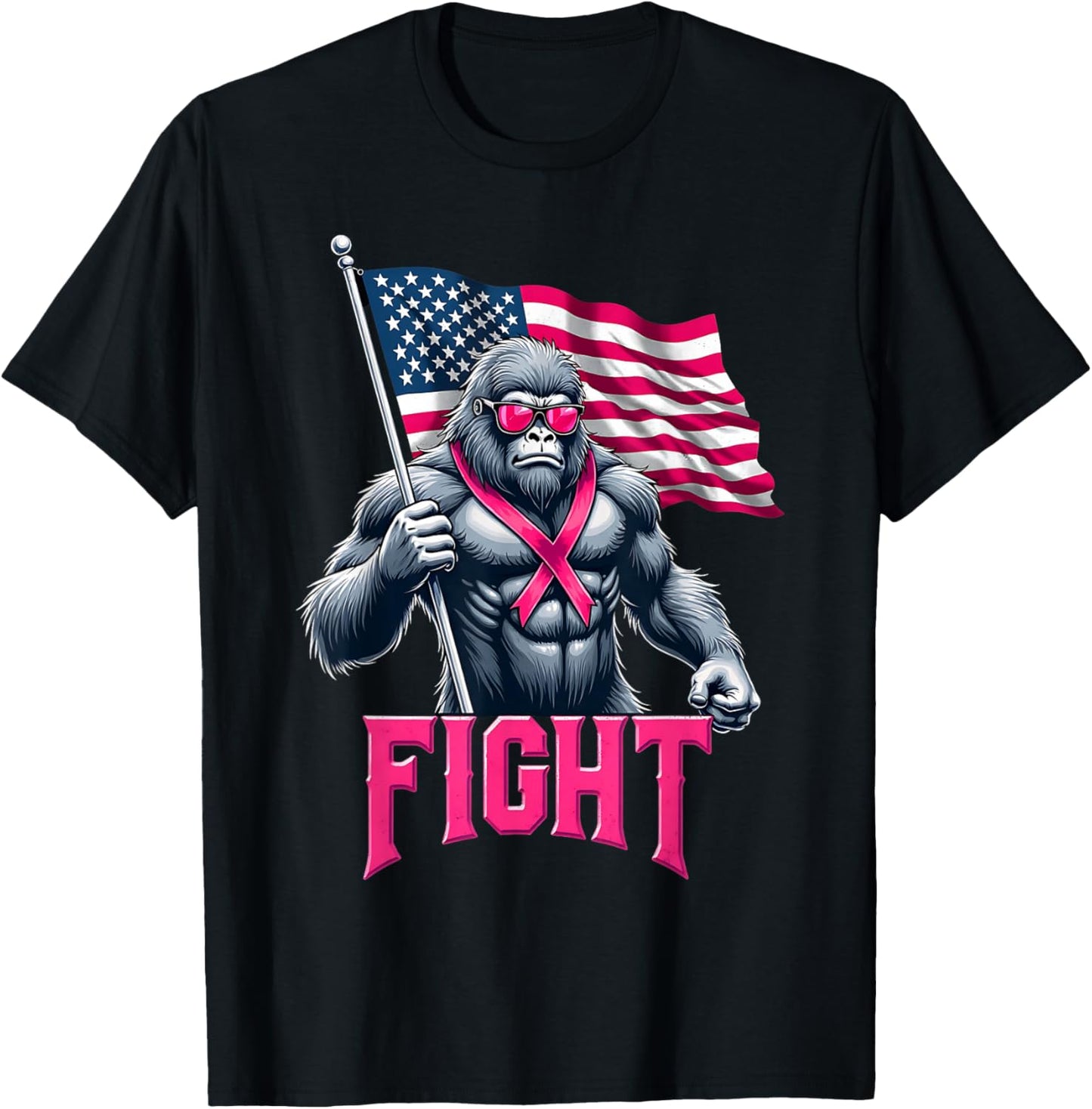 Bigfoot Sasquatch Fight Breast Cancer Awareness Pink Ribbon T-Shirt - T-Shirt | Black