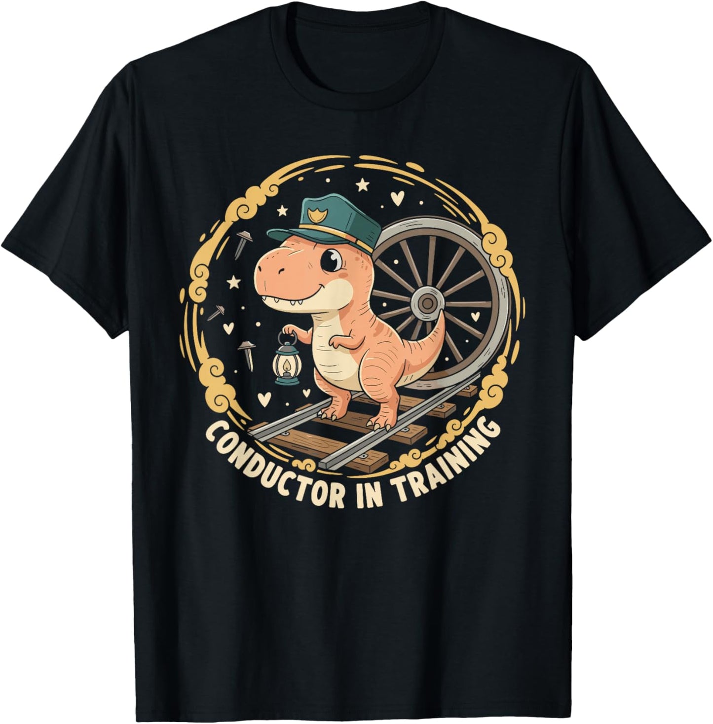 Dinosaur Adorable Conductor Train Transportation T-Shirt - T-Shirt | Black