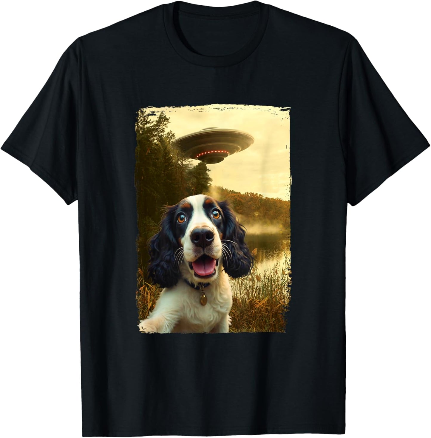 Funny English Cocker Spaniel Dog UFO Encounter Selfie Aliens T-Shirt - T-Shirt | Black
