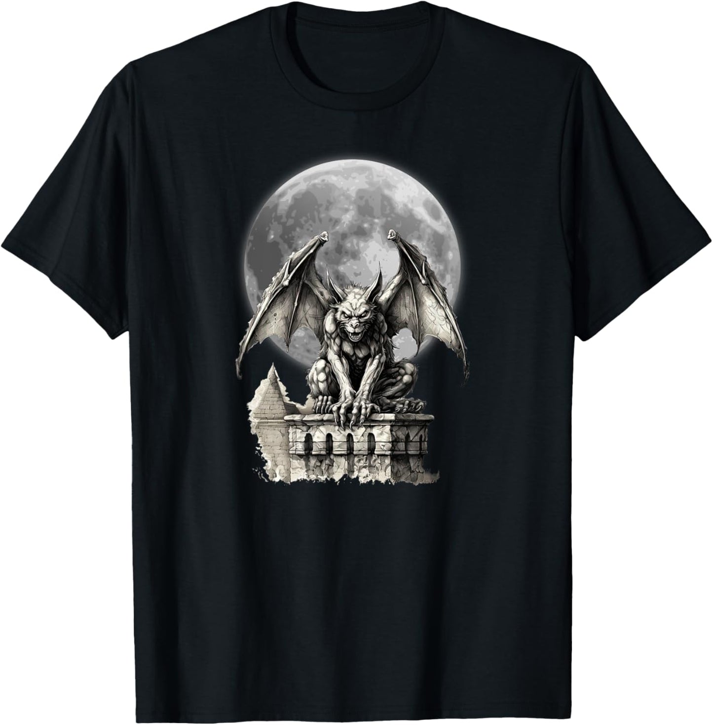 Gargoyle Full Moon Gothic Architecture Goth Dark Aesthetic T-Shirt - T-Shirt | Black