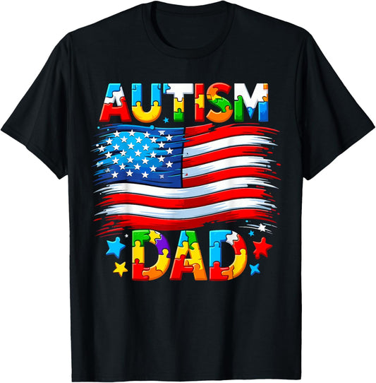 Autism Dad Awareness USA American Flag T-Shirt - T-Shirt | Black