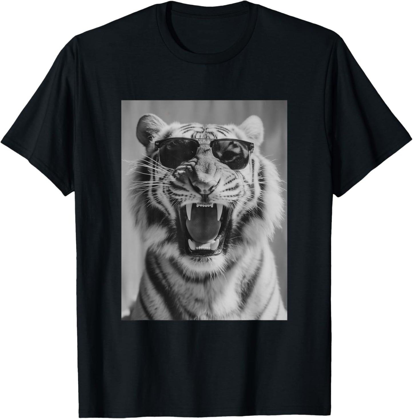 Roaring Tiger with Sunglasses Stylish Feline Animal Photo T-Shirt - T-Shirt | Black