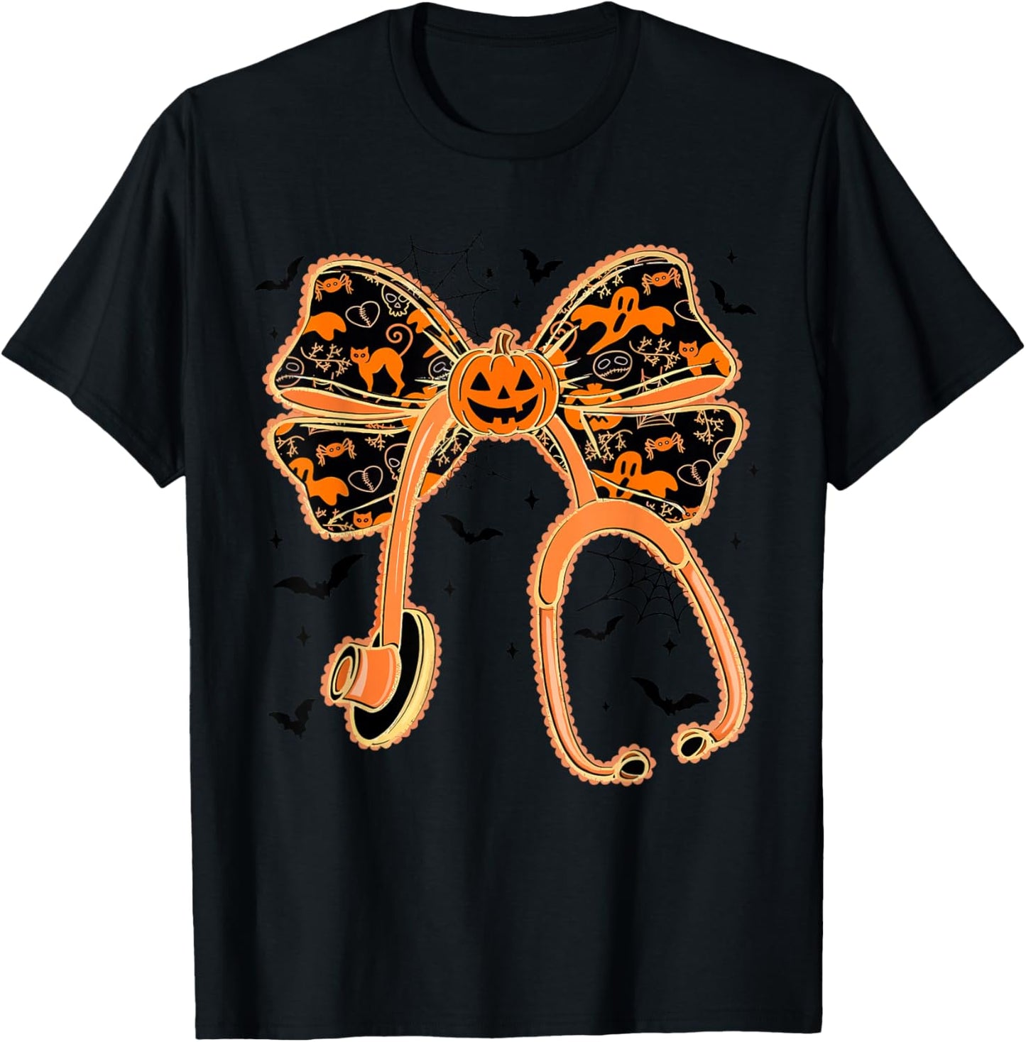 Stethoscope Nurse Halloween Nurse Spooky Coquette Pumpkin T-Shirt - T-Shirt | Black
