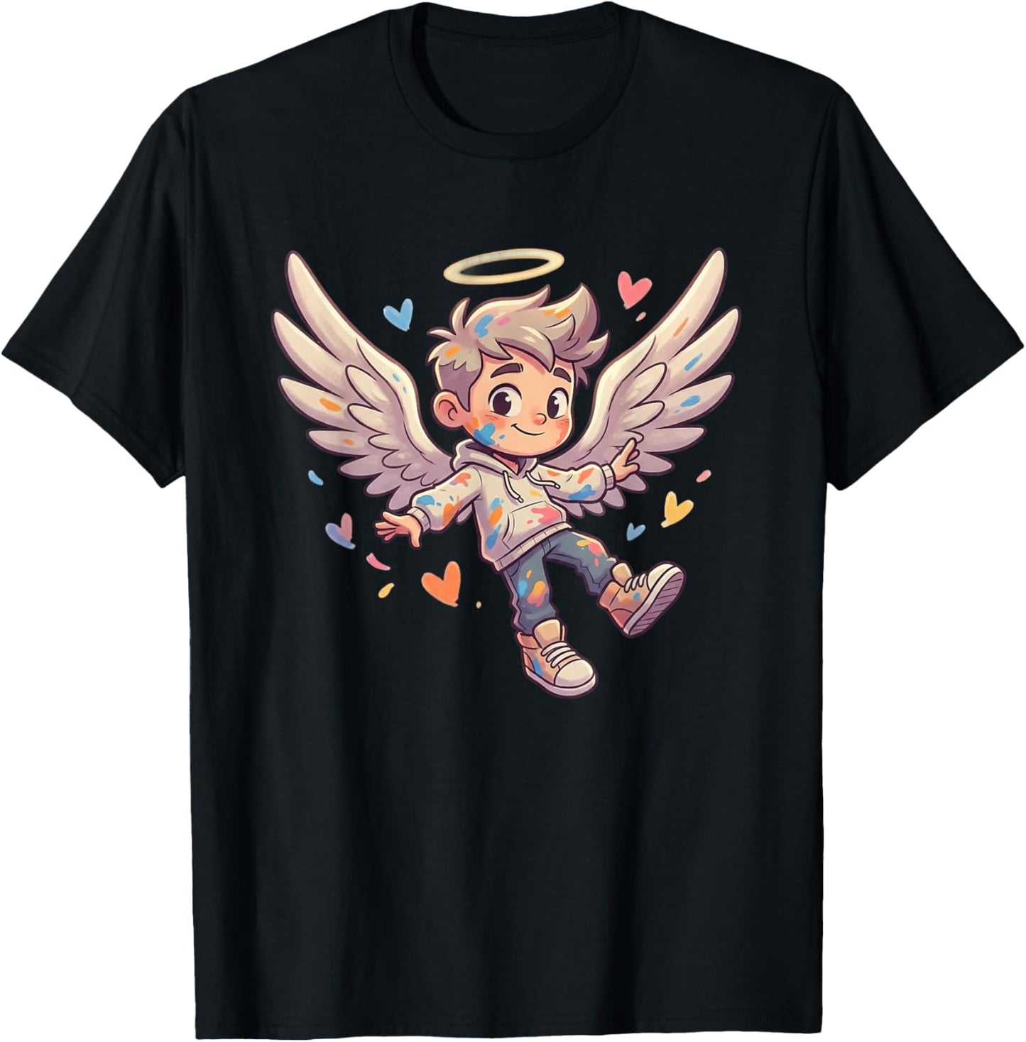 Adorable Little Angel Boy with Wings and Hearts Halo T-Shirt - T-Shirt | Black