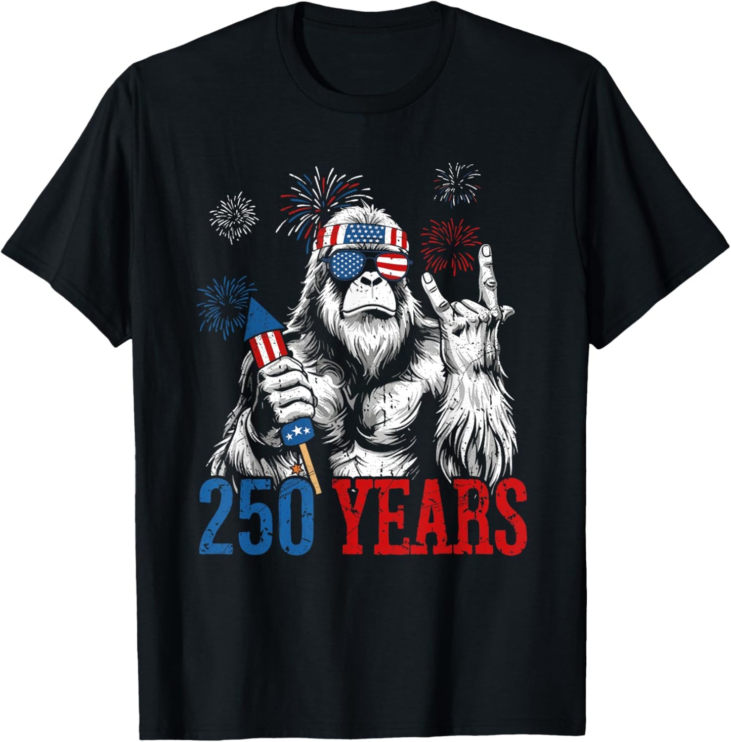 Bigfoot Rock and Flag 250 Years 1776-2026 250th Birthday T-Shirt - T-Shirt | Black