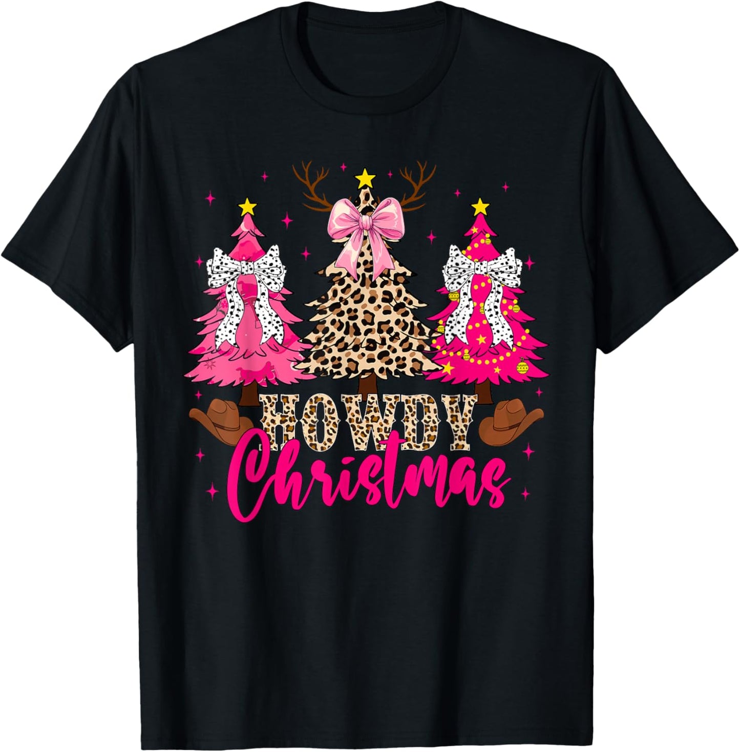 Howdy Christmas Trees Cowgirl Western Coquette Bow Women Kid T-Shirt - T-Shirt | Black
