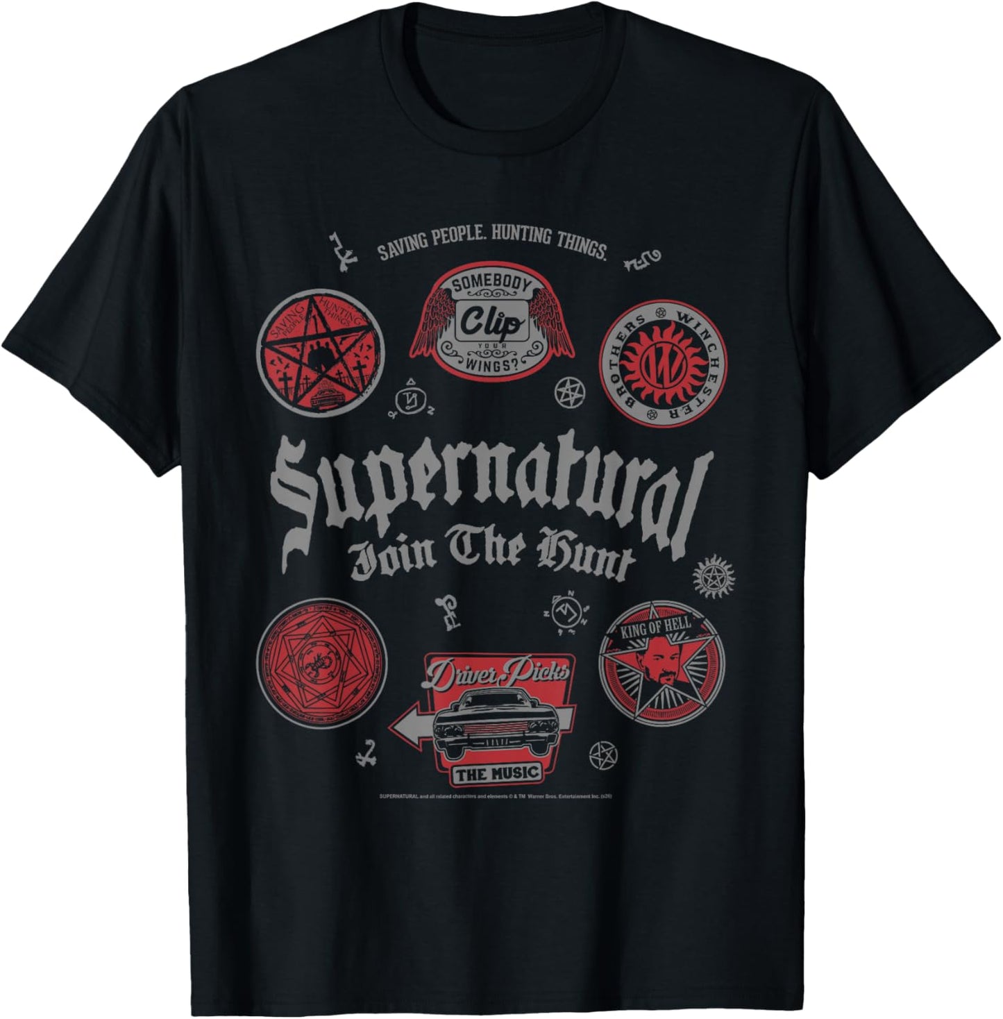 Supernatural Join The Hunt Goth Badges Collage TV Show T-Shirt - T-Shirt | Black
