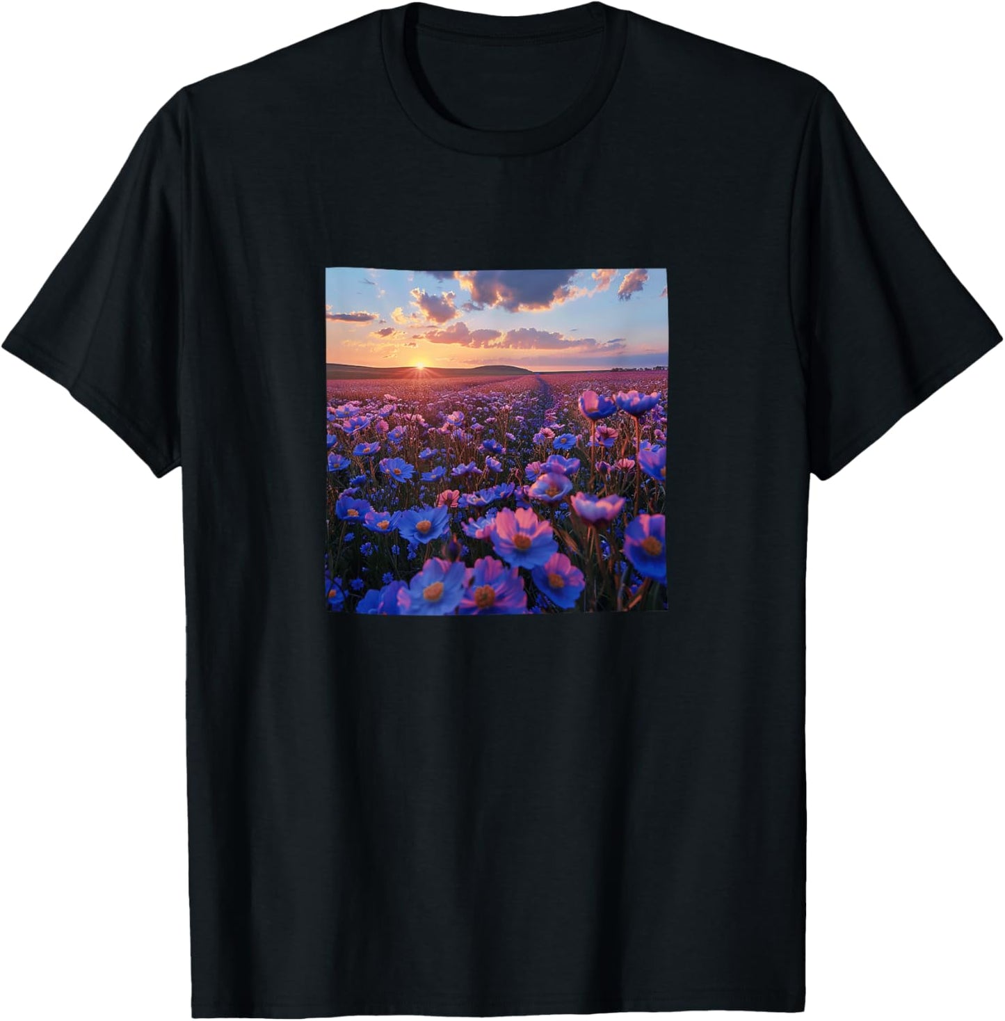 Periwinkle Flower Field Beautiful Sunset Graphic T-Shirt - T-Shirt | Black