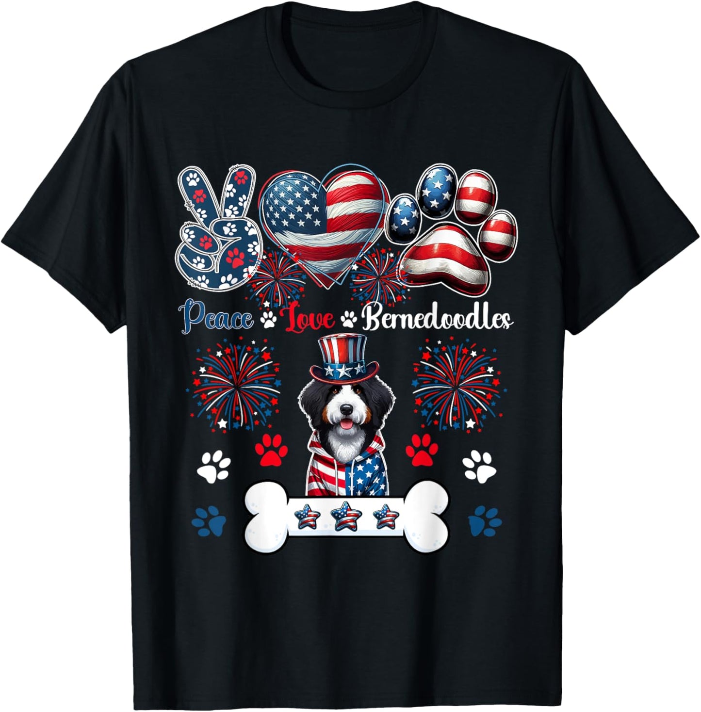 Peace Love Bernedoodles 4th Of July Owner Lover Patriotic T-Shirt - T-Shirt | Black