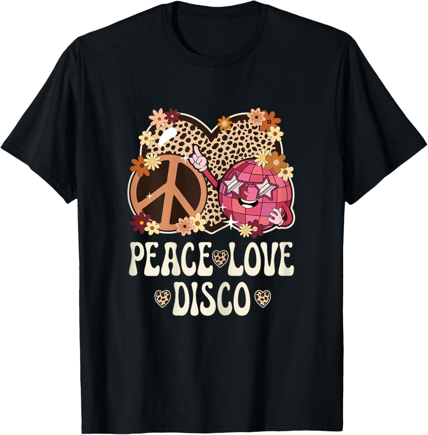 Peace Love Disco Outfit Cheetah Print Women Girls 70s Disco T-Shirt - T-Shirt | Black