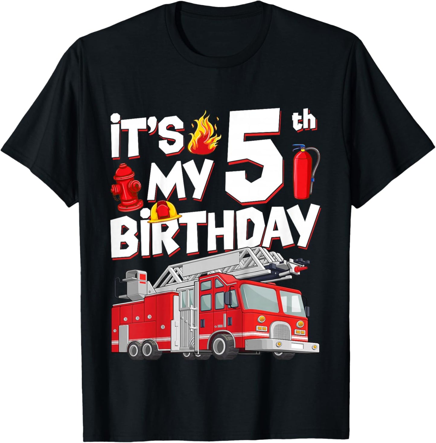5th Birthday Boy Fire Truck 5 Years Old Toddler Firefighter T-Shirt - T-Shirt | Black