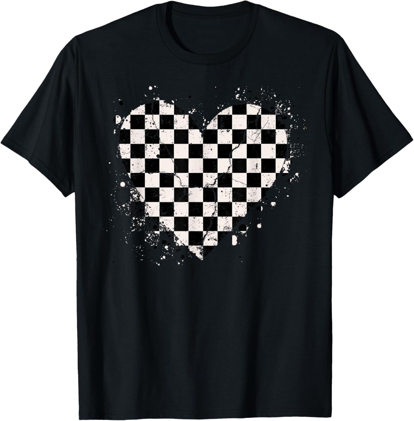 Checkered Love Heart Black White Retro Racing Matching T-Shirt - T-Shirt | Black