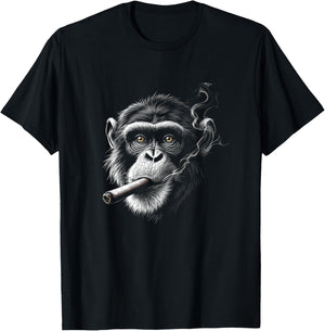 Monkey Smoking a Cigar, Funny Zoo Ape Animal Art Graphic T-Shirt - T-Shirt | Black