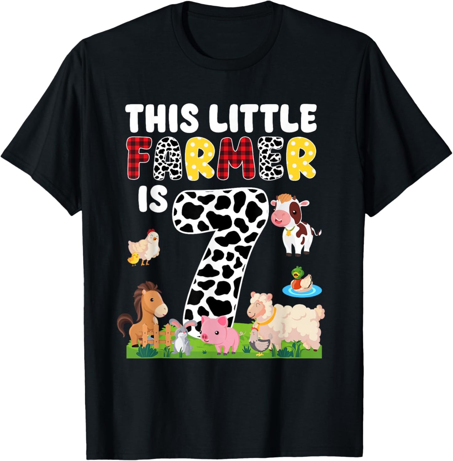 7 Year Old Farmer Birthday 7th Birthday Farm Themed Party T-Shirt - T-Shirt | Black