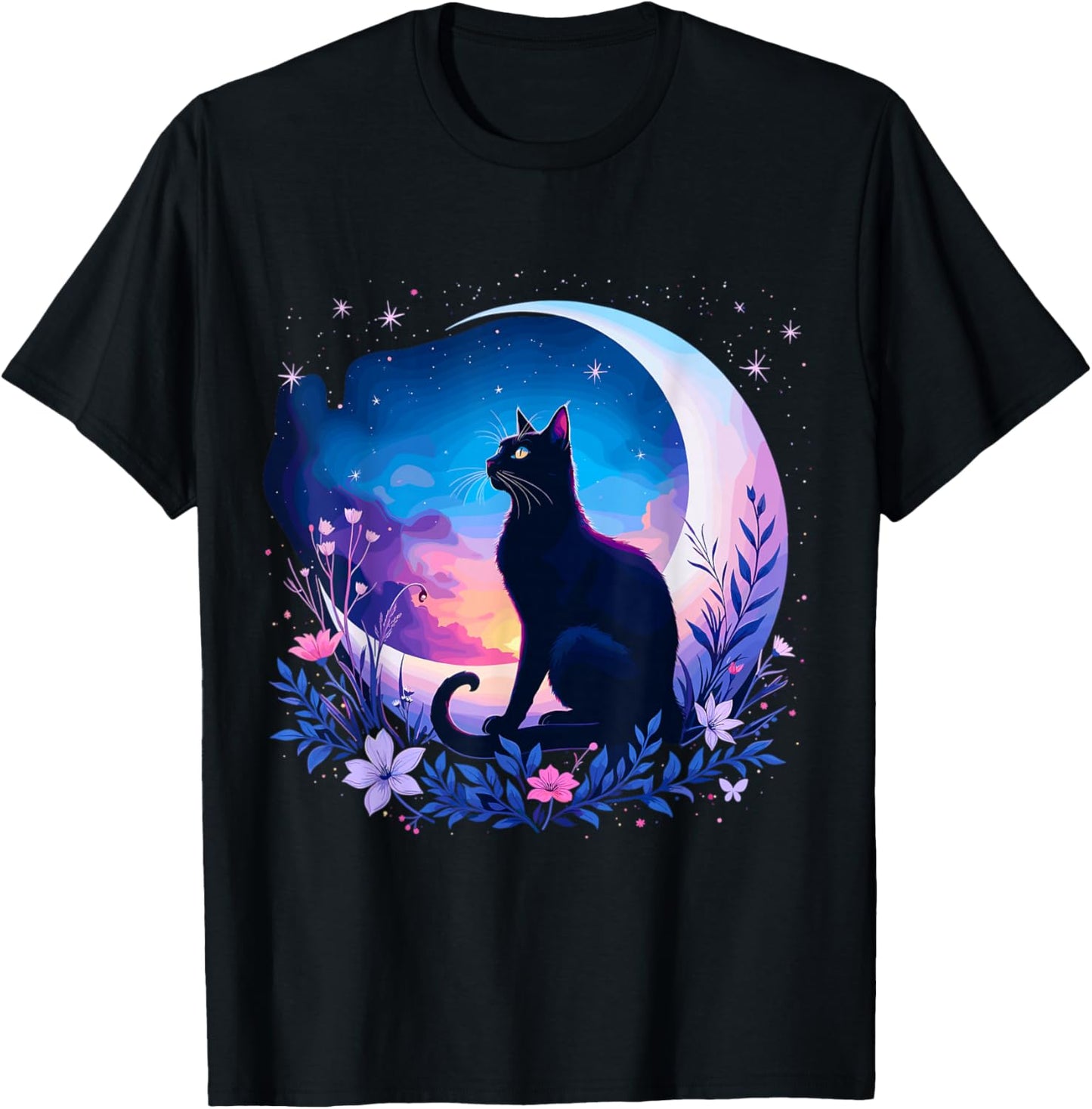Cat Sitting Moon Celestial Night T-Shirt - T-Shirt | Black