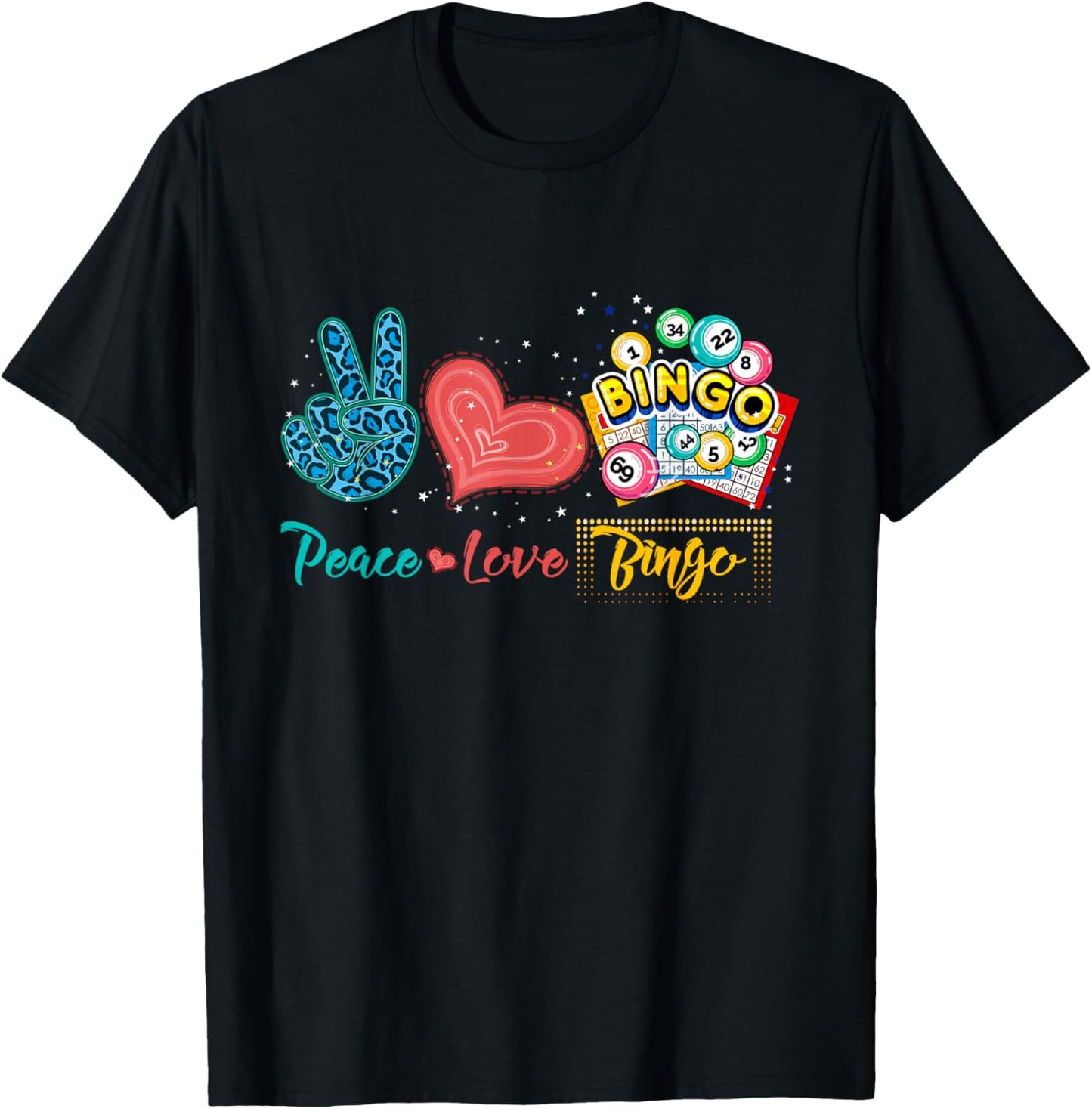 Peace Love Bingo Funny Bingo Lover Leopard Print Heart T-Shirt - T-Shirt | Black