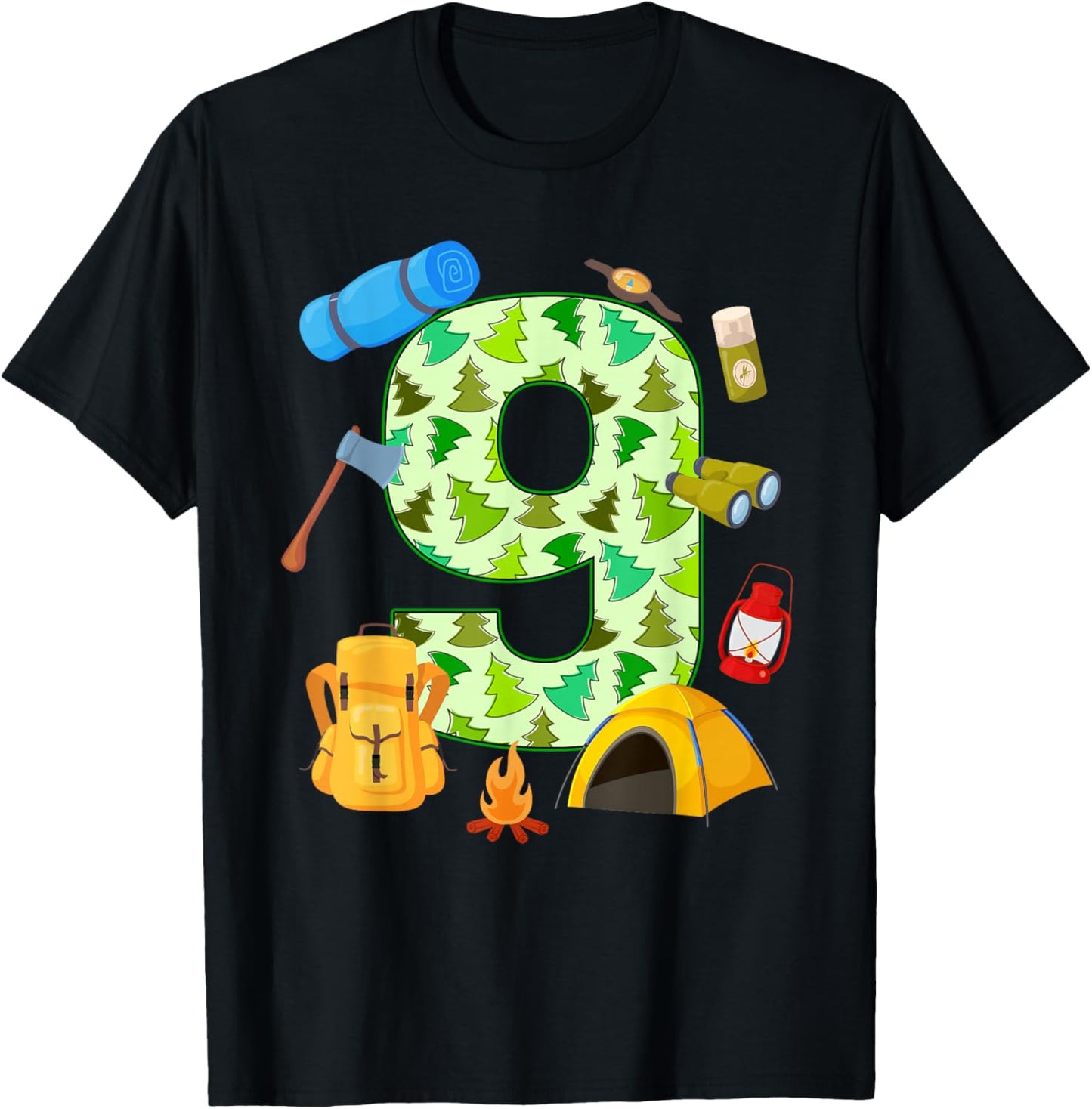 9th Birthday Camping Theme 9 Year Old Birthday Kids T-Shirt - T-Shirt | Black