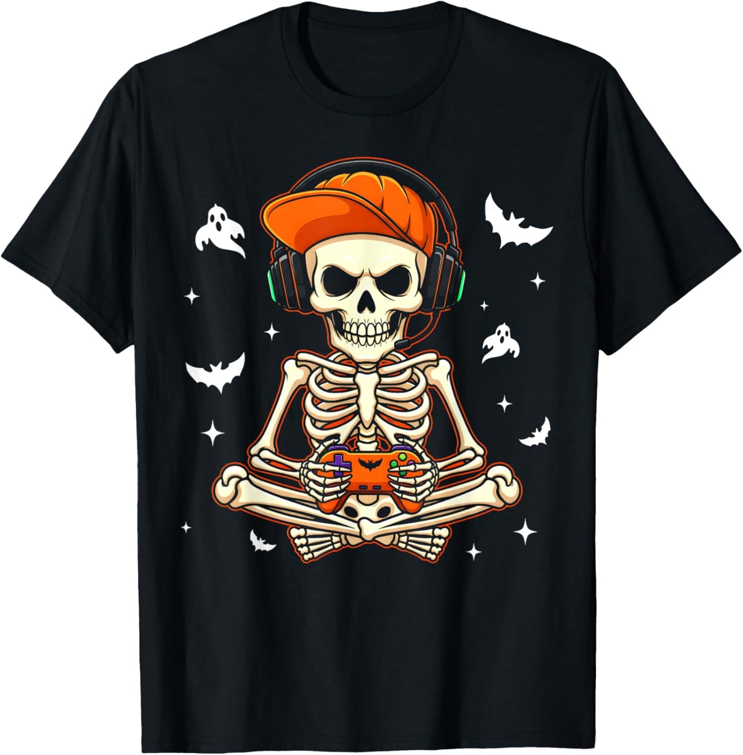 Funny Gaming Hallowen Skeleton Gamer Video Kids Boys T-Shirt - T-Shirt | Black