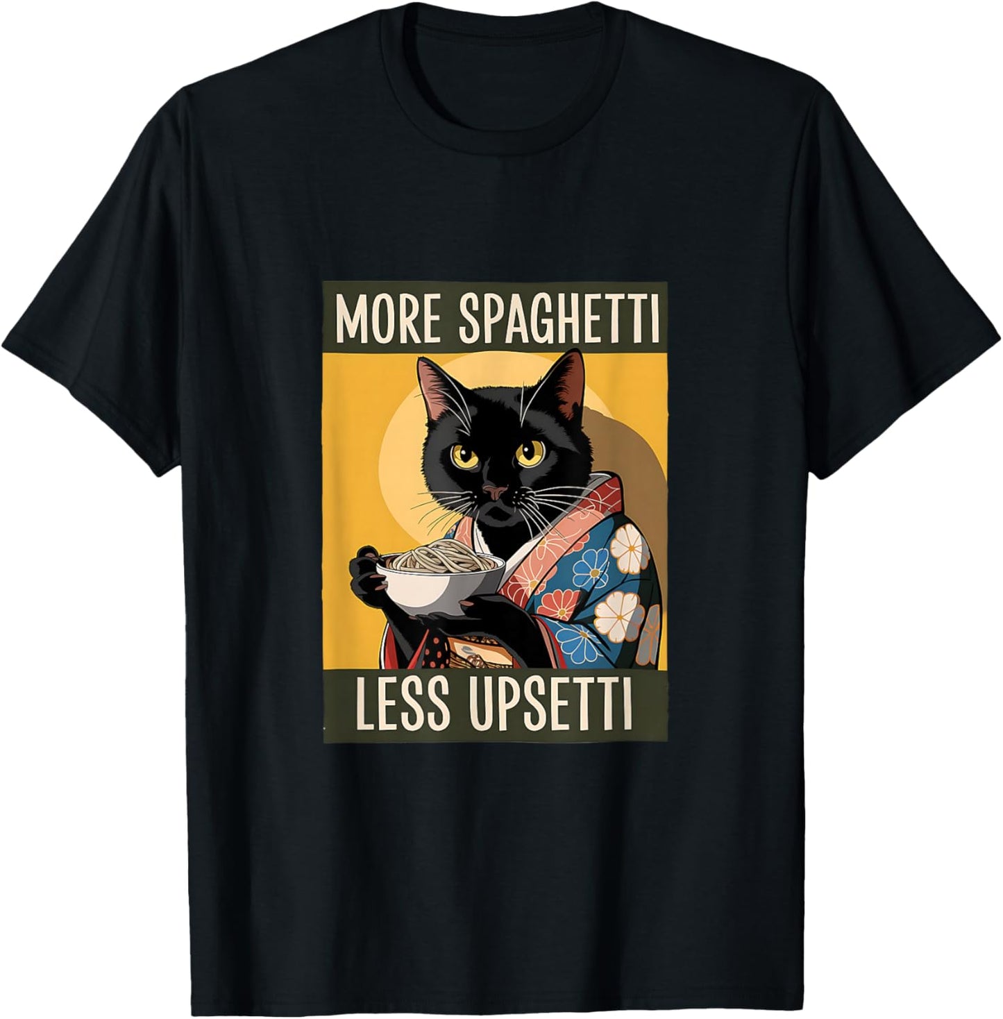 More Spaghetti Less Upsetti Vintage Japanese Art Funny Cat T-Shirt - T-Shirt | Black