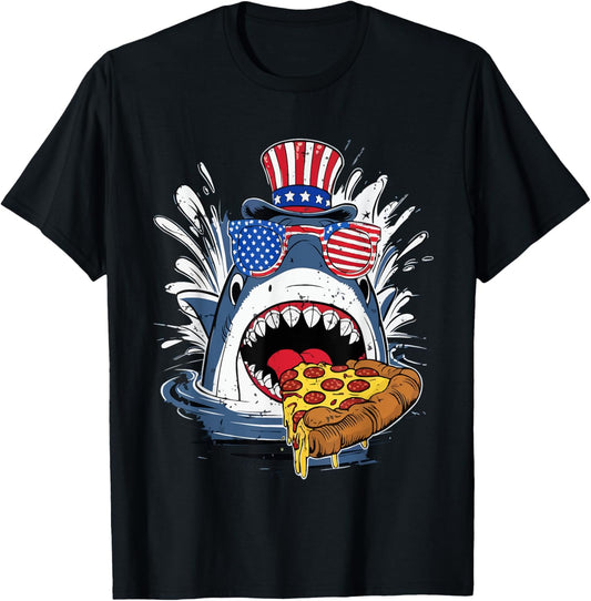 funny Shark Eating Pizza 4th of july shark glasses usa flag Kids Men T-Shirt - T-Shirt | Black