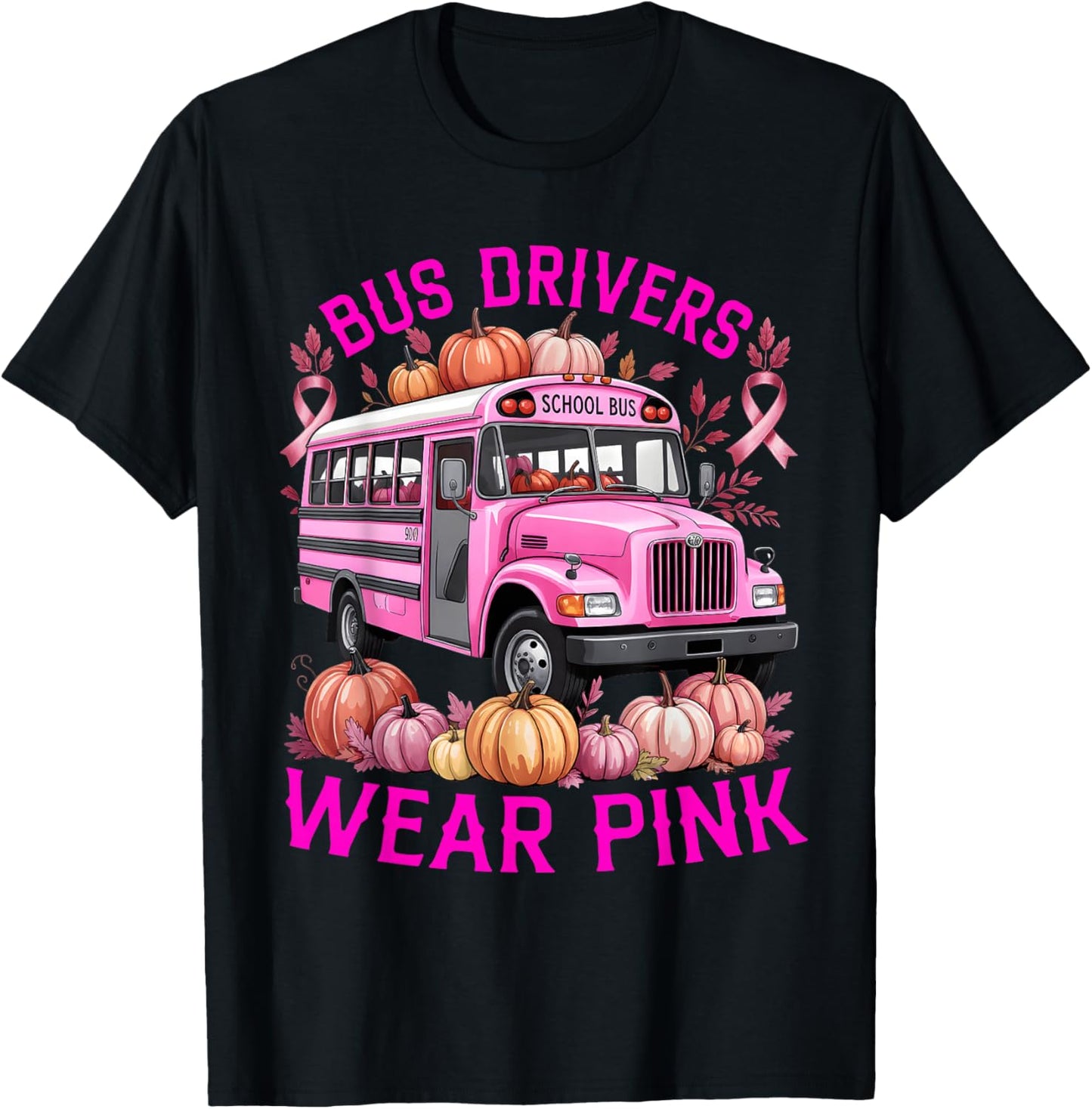 School Bus Driver Pink Ribbon Breast Cancer in October T-Shirt - T-Shirt | Black