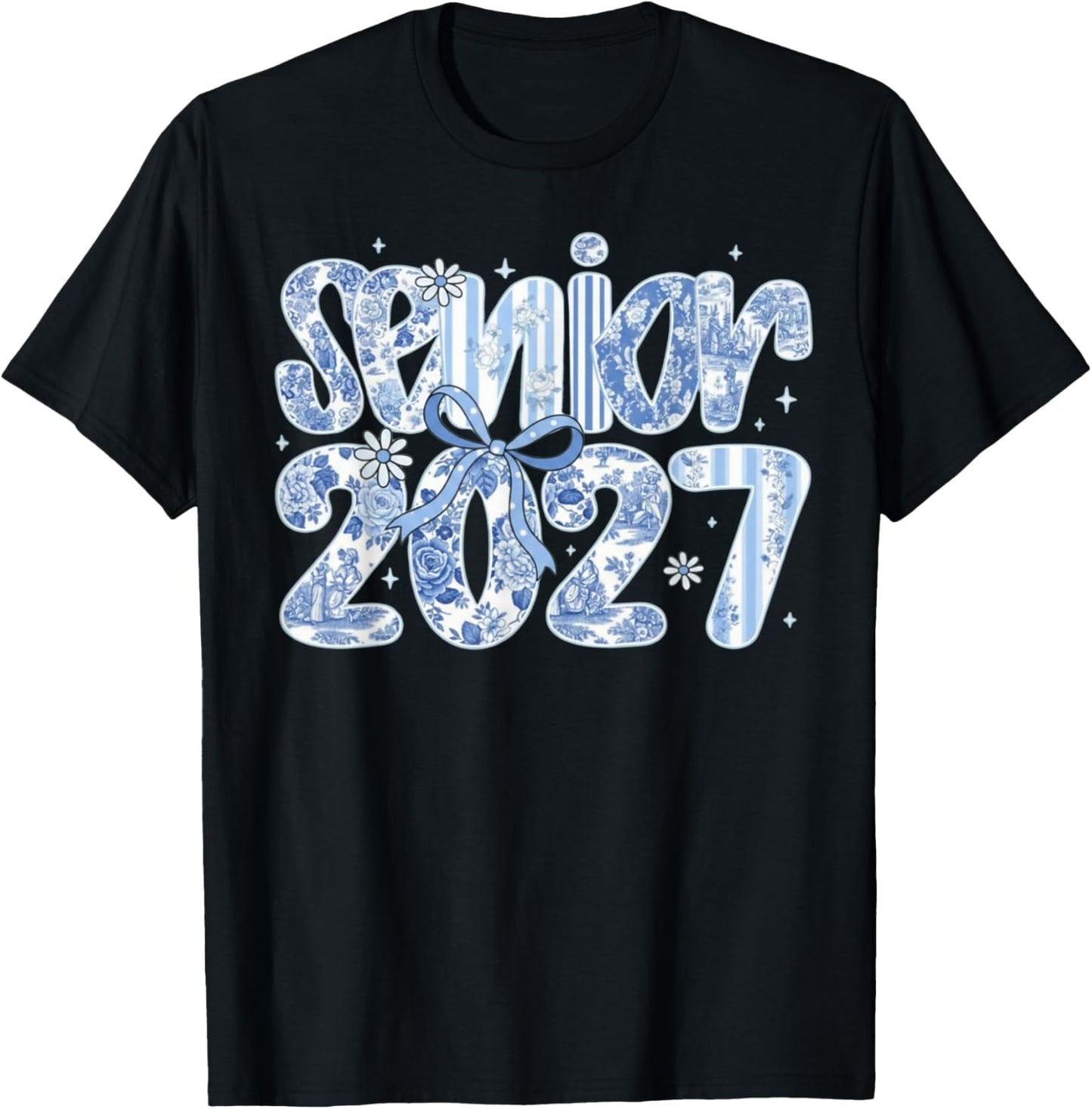 Senior 2027 Blue Toile Floral Coquette Bow Class of T-Shirt - T-Shirt | Black