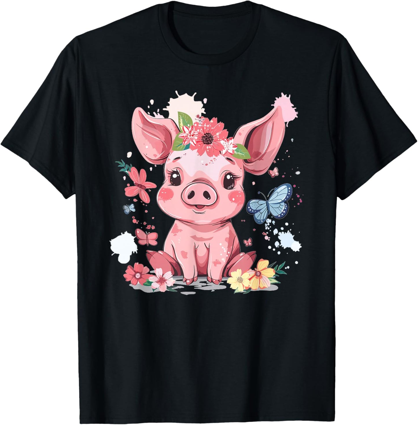 Cute Pig With Flowers I Kids Pig T-Shirt - T-Shirt | Black