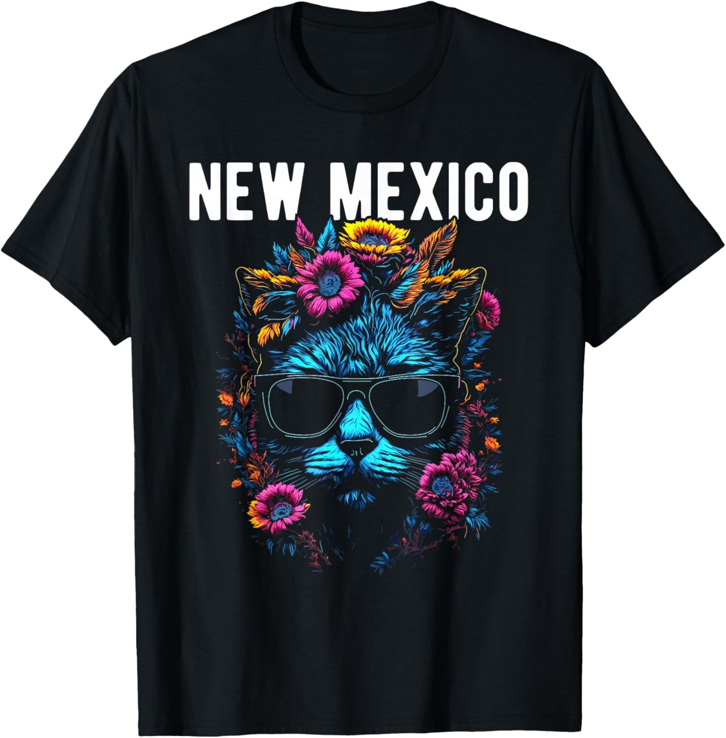 New Mexico USA Cat Wearing Sunglasses and Flowers Design T-Shirt - T-Shirt | Black
