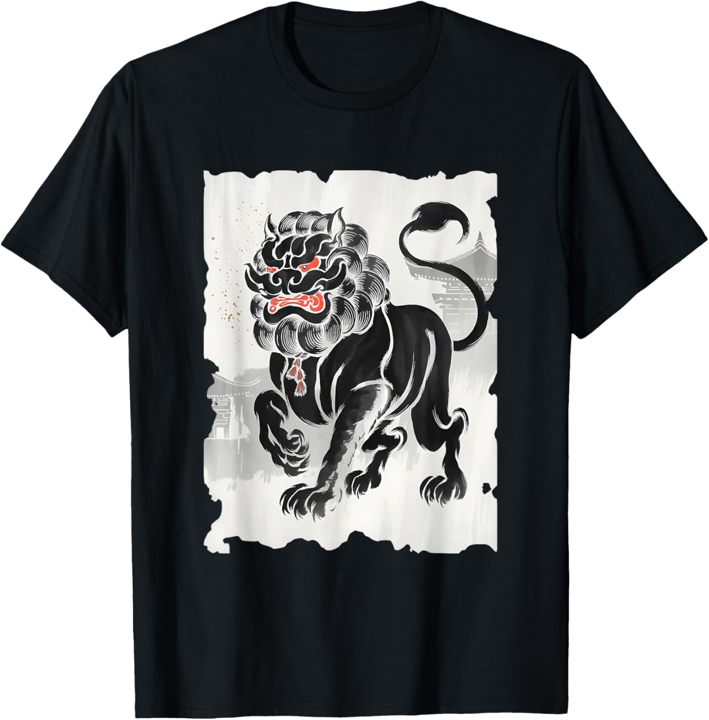 Komainu Sumi-e Graphic - Vintage Japanese Art Lion-Dog T-Shirt - T-Shirt | Black