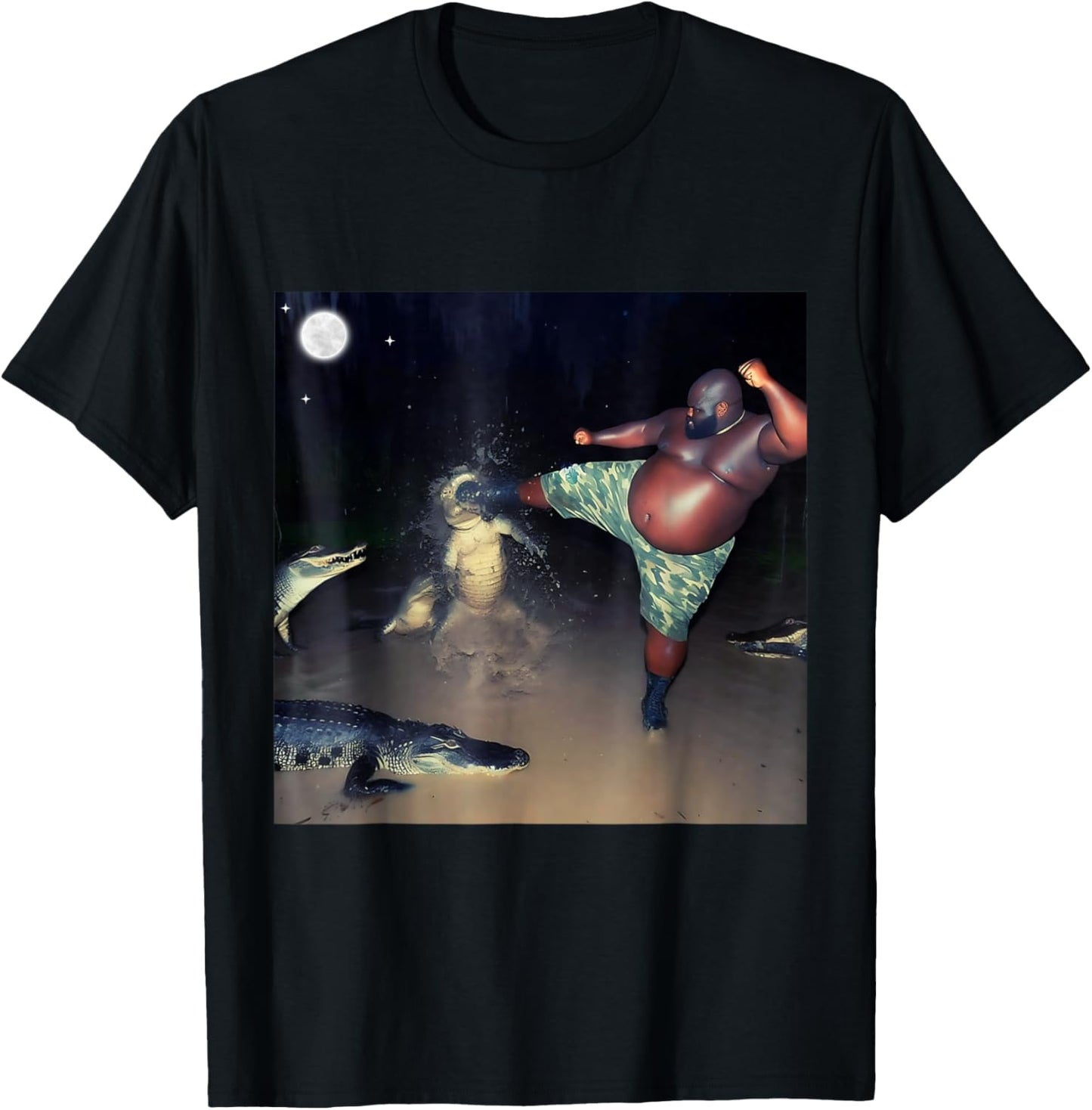 Man Kicking Alligator In Swamp Funny Oddly Meme Humor T-Shirt - T-Shirt | Black