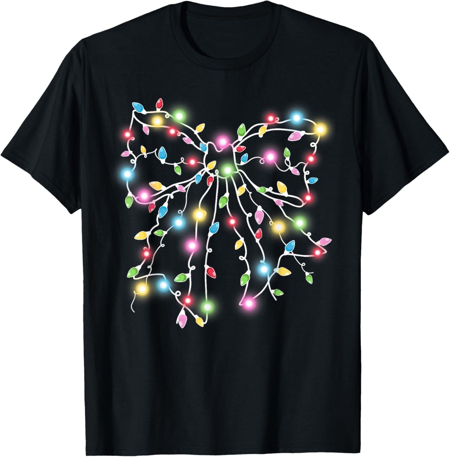 Colorful Christmas Lights Coquette Bow Holiday Women Girls T-Shirt - T-Shirt | Black