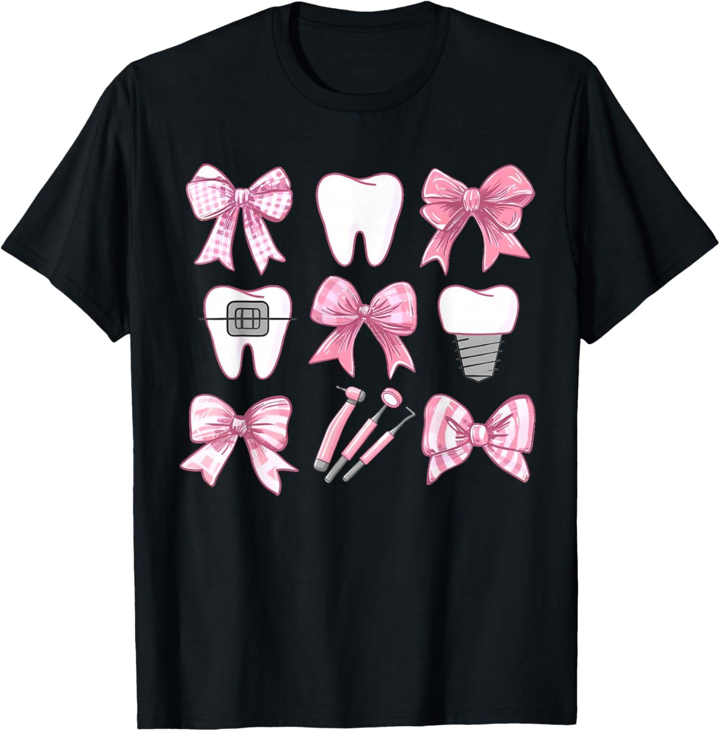 Cute Pink Coquette Bow Teeth Dentist Squad Dental Assistant T-Shirt - T-Shirt | Black
