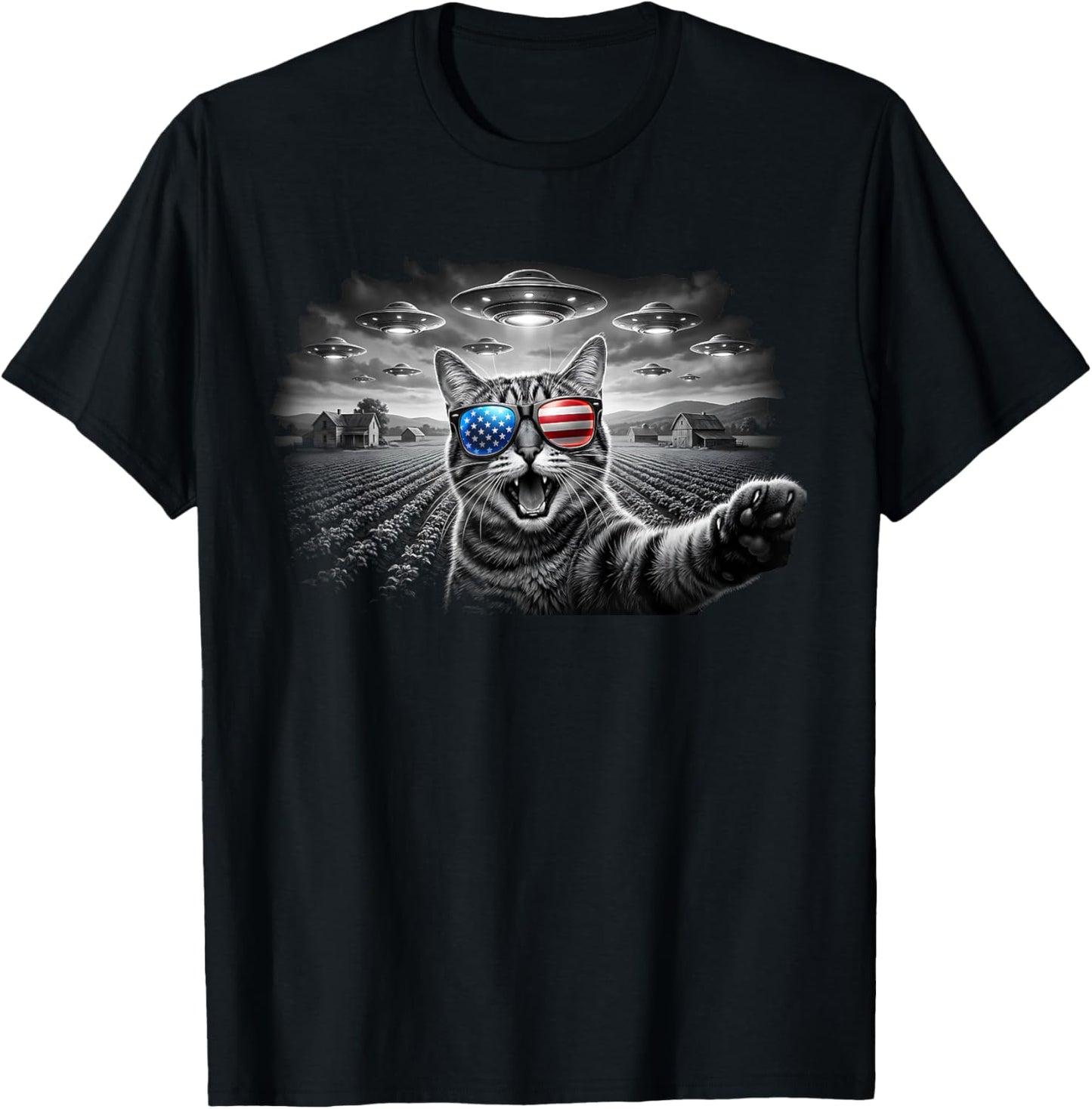 4th of July Cat Selfie with Alien UFO USA Flag Sunglasses T-Shirt - T-Shirt | Black
