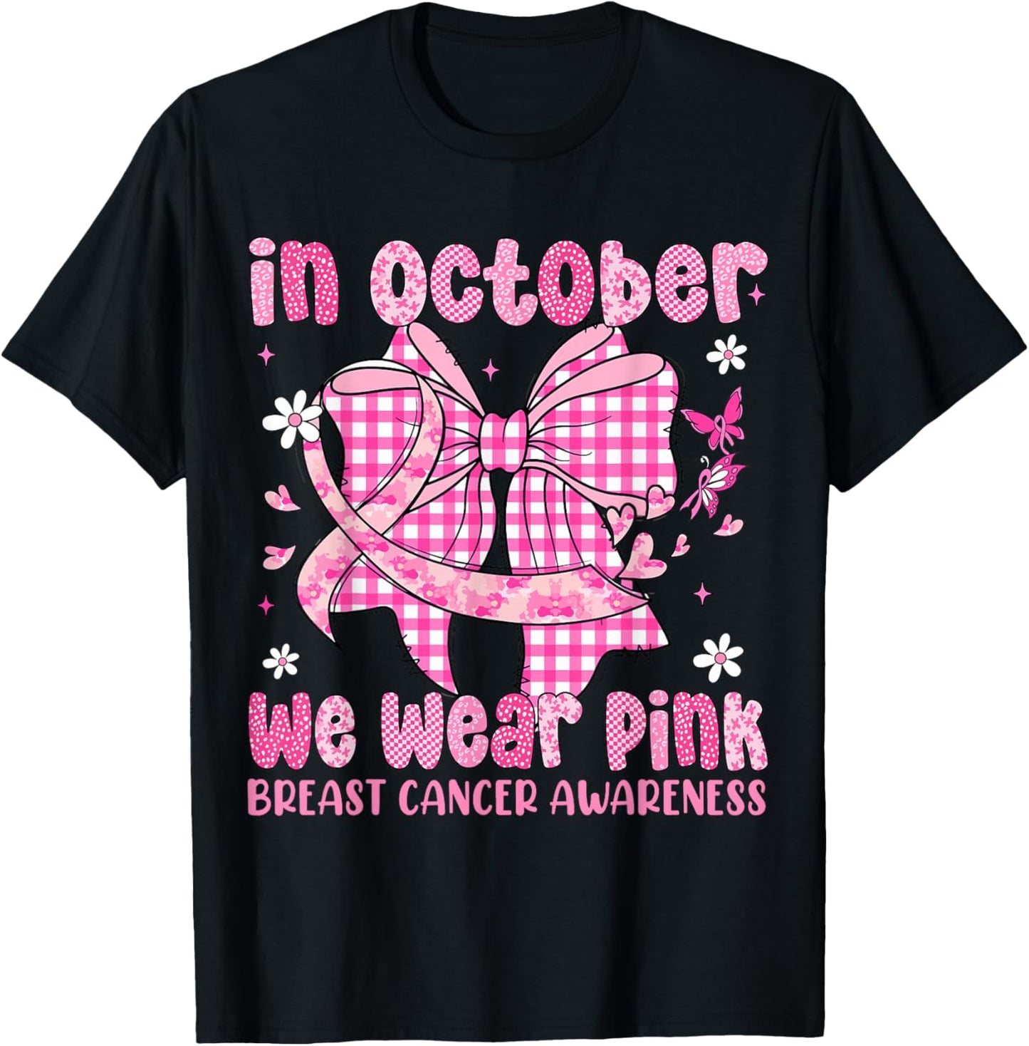 in October We Wear Pink Coquette Bow Breast Cancer Month T-Shirt - T-Shirt | Black