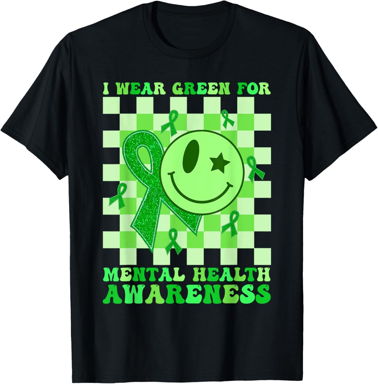 Retro Groovy Green I Wear Green Mental Health Awareness T-Shirt - T-Shirt | Black