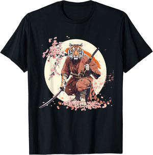 Samurai Tiger Sakura Tree Floral Anime Japanese Ninja Tiger T-Shirt - T-Shirt | Black