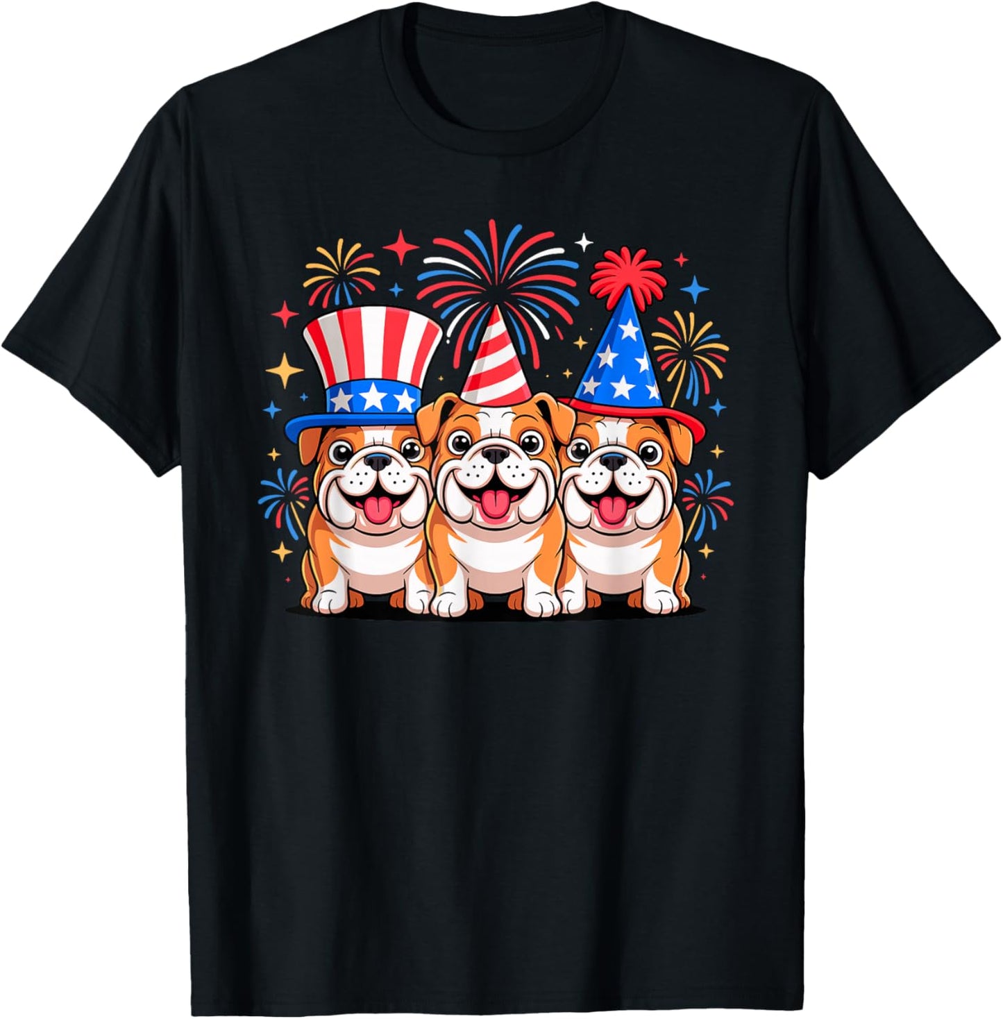 Fourth of July Bulldog Trio Patriotic Fireworks T-Shirt - T-Shirt | Black