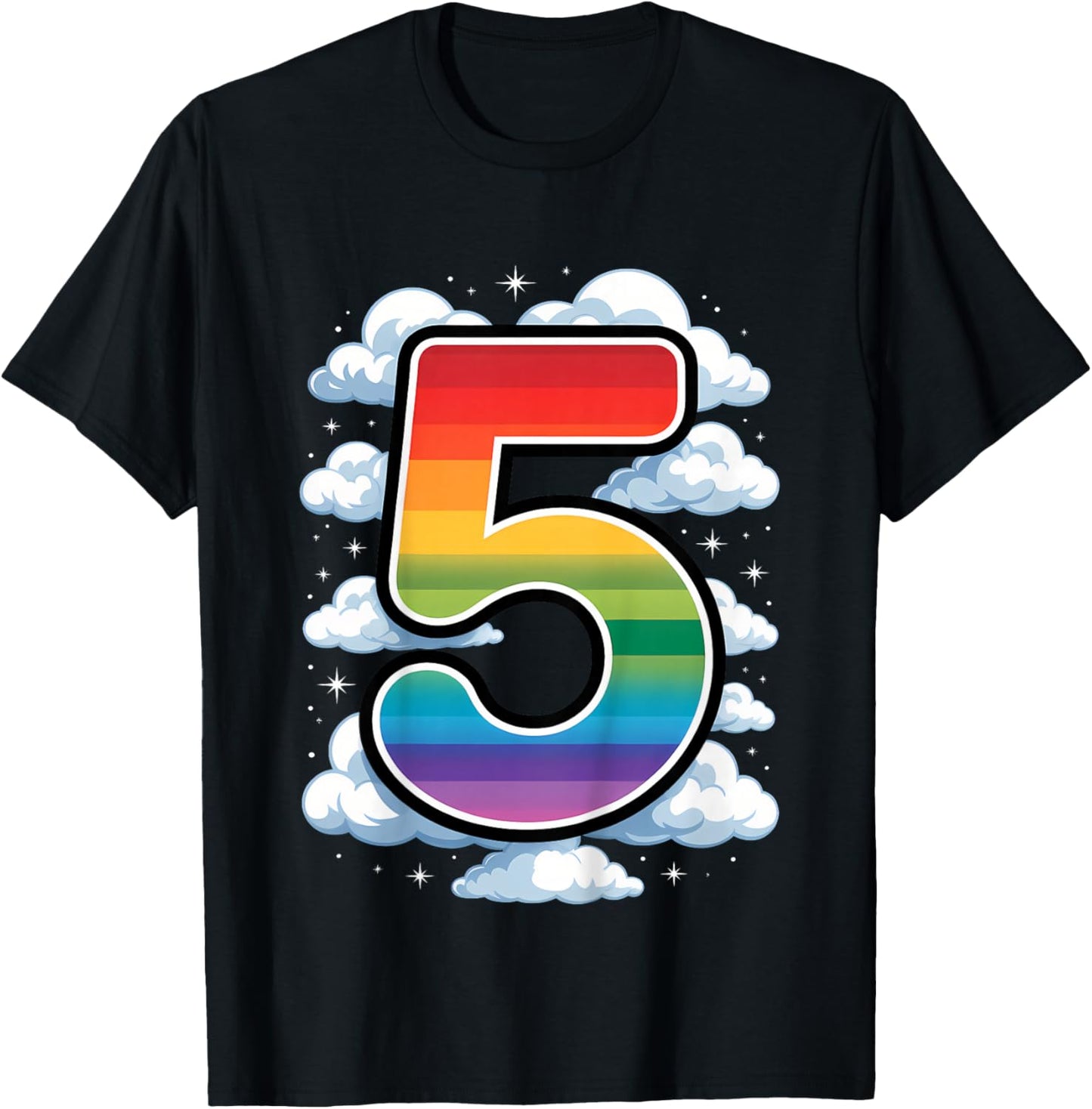 5th Birthday Rainbow and Clouds 5 Years Old Girls Boys Kids T-Shirt - T-Shirt | Black